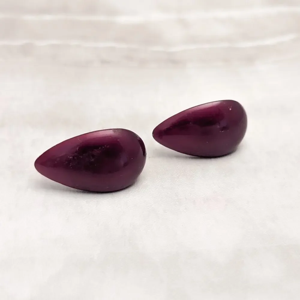 Vintage Screw On Earrings Burgundy Curved Teardrop - Japan - Fair Condition